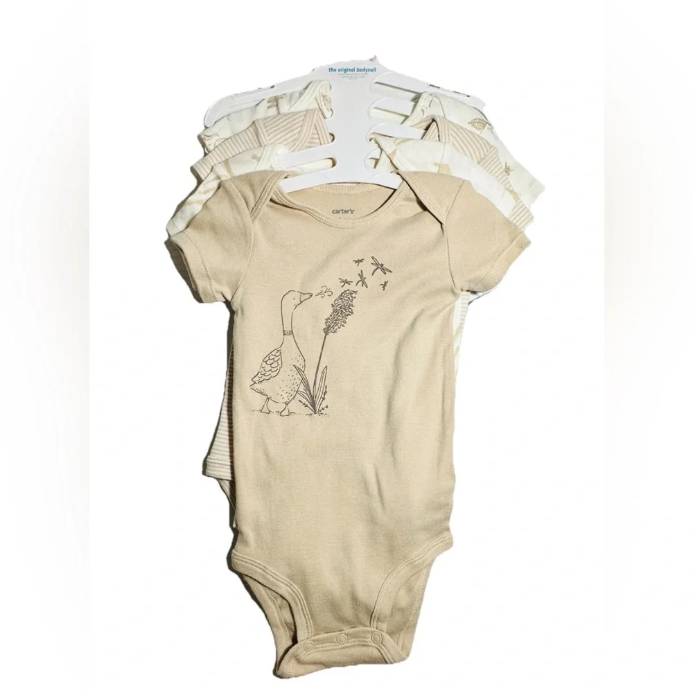 Carters Bodysuits 4 Piece Gender Neutral Colors Size‎ 9M Ducks Stripes Tan Beige